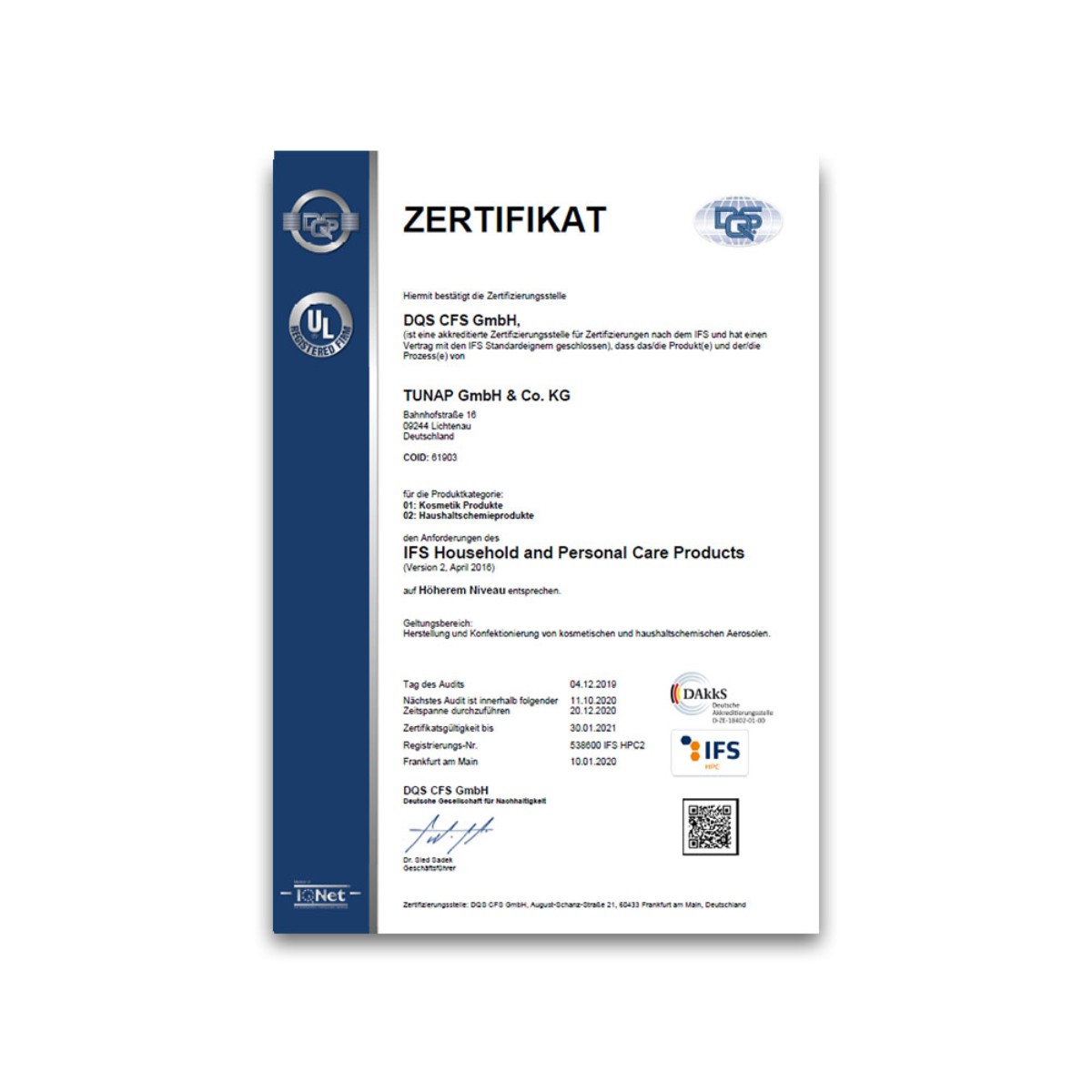 IFS Household and Personal Care Products auf 'Höherem Niveau'-Zertifizierung