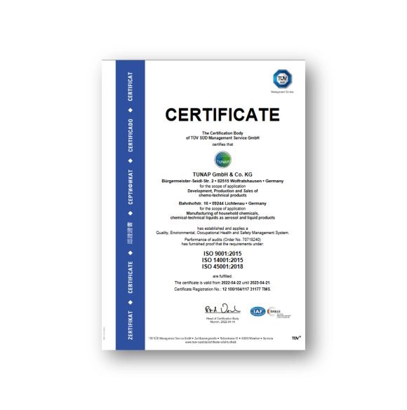 TÜV Certificate ISO 9001, ISO 14001